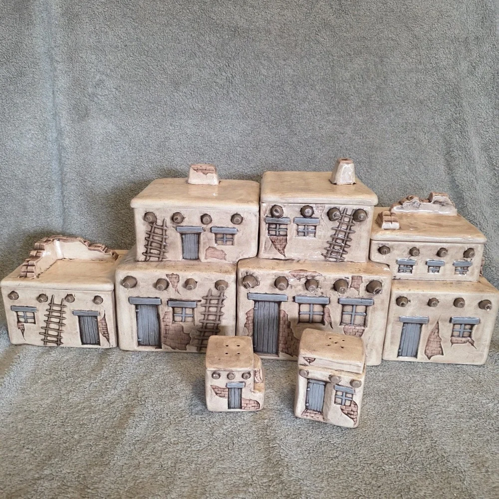 Southwest  Adobe Pueblo Canisters 4 Buildings Lids Salt And Pepper Shakers